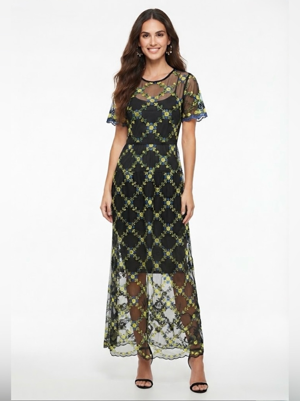 LuLaRoe Deanne II Black Floral Embroidered Maxi Dress Size L NWT